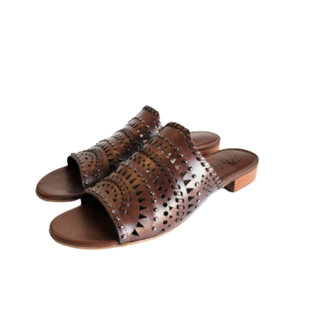 Brighton Ferrara Neo Leather Lazer Cut Carmel Mules Size 8.5. - Picture 2 of 8